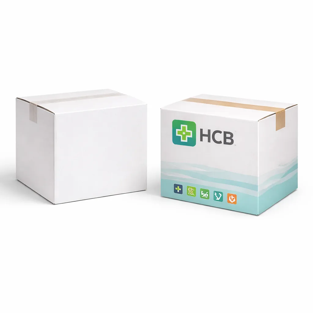 Two square cardboard shipping cartons, one blank and one featuring a medical cross logo and teal accents. class=